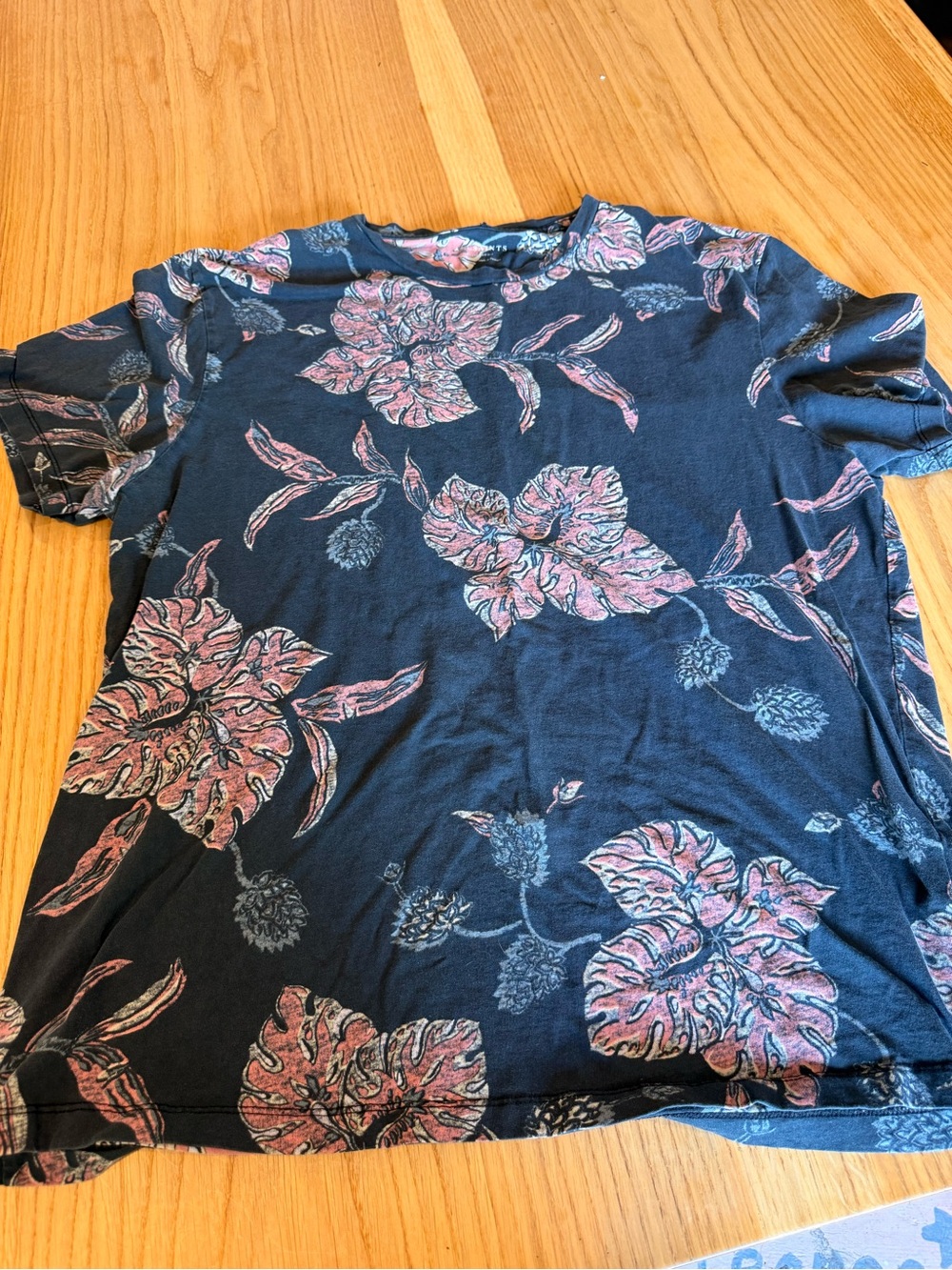 All Saints Navy Short-Sleeve Tee with Pink Floral Print